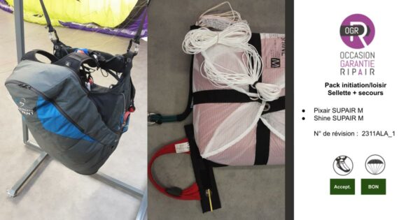 Parapente occasion avec Ripair. Pack sellette secours.