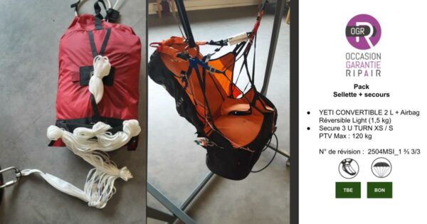 PACK YETI Convertible 2 GIN L + Secure 3 U TURN XS/S - PTV 80 -100 kg -  PARAPENTE OCCASION