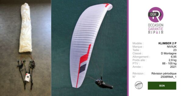 KLIMBER 2 P NIVIUK 23 (+ cône suspentage neuf)- PARAPENTE OCCASION