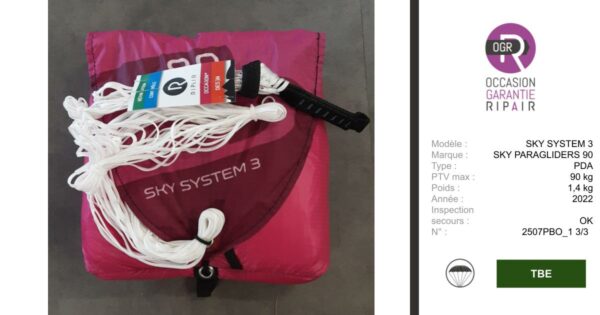 SKY SYSTEM 3 SKY PARAGLIDERS 90 - SECOURS PARAPENTE OCCASION
