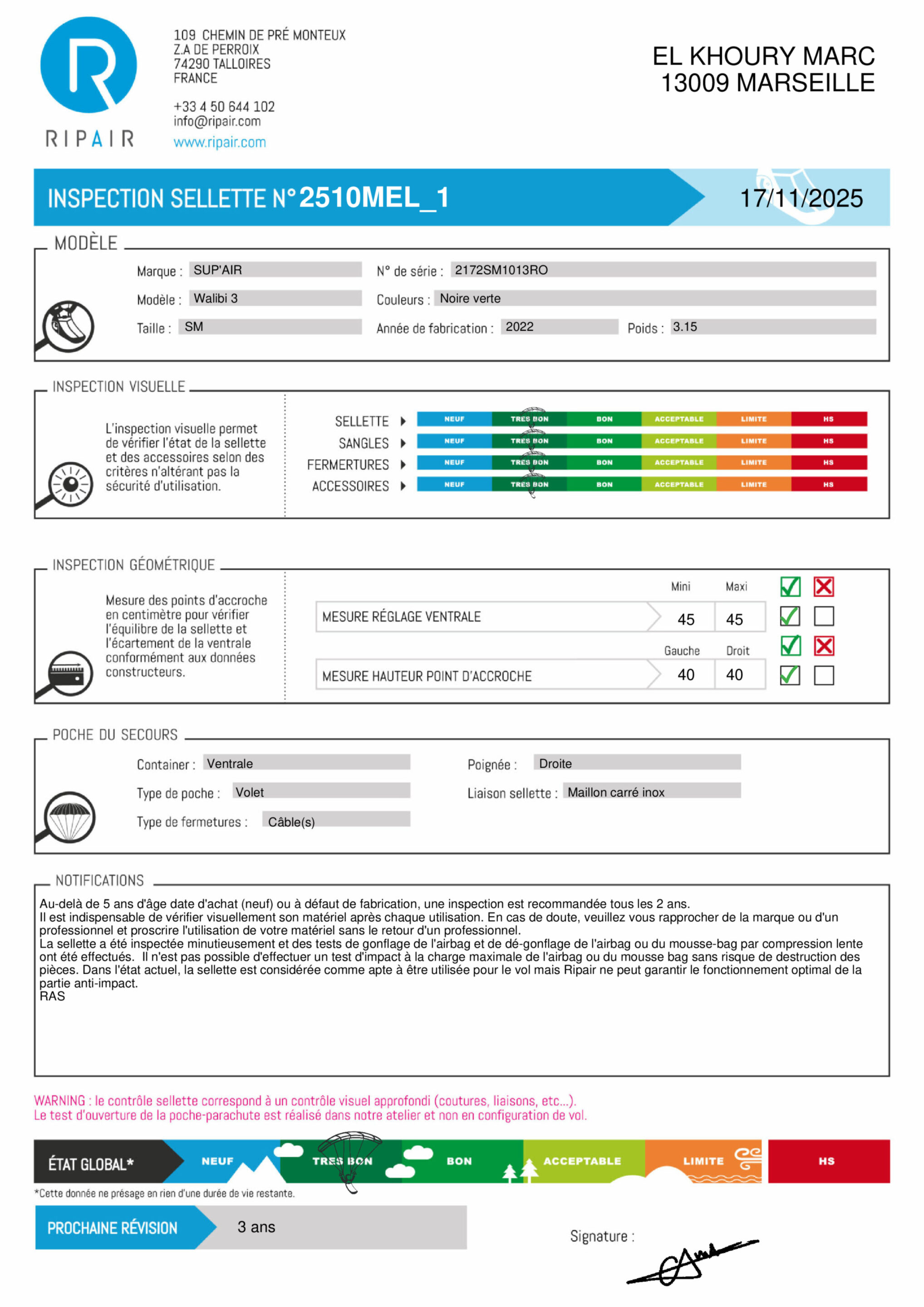 WALIBI 3 SUPAIR SM - SELLETTE PARAPENTE OCCASION – Image 2
