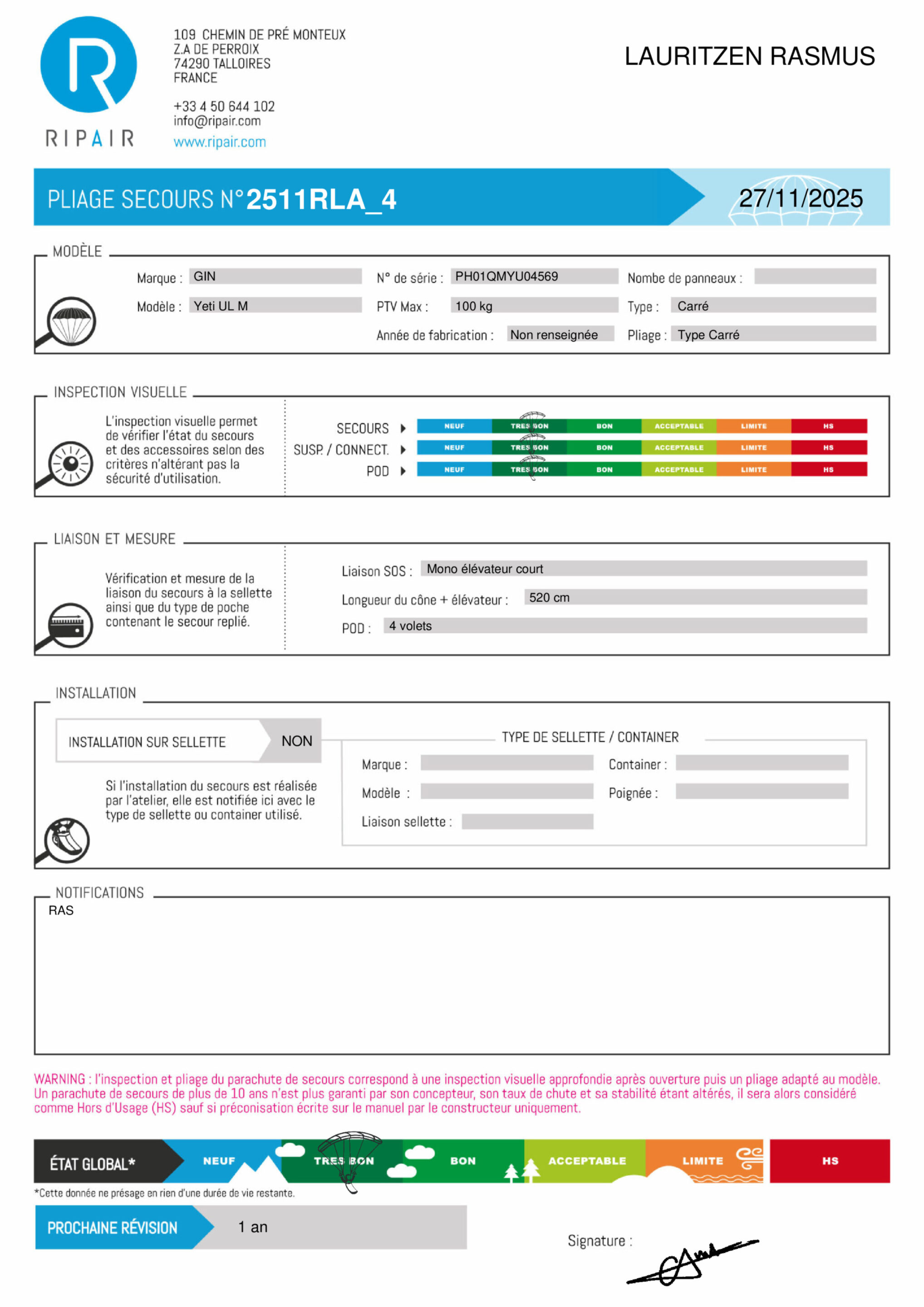 YETI UL GIN M - SECOURS PARAPENTE OCCASION – Image 2