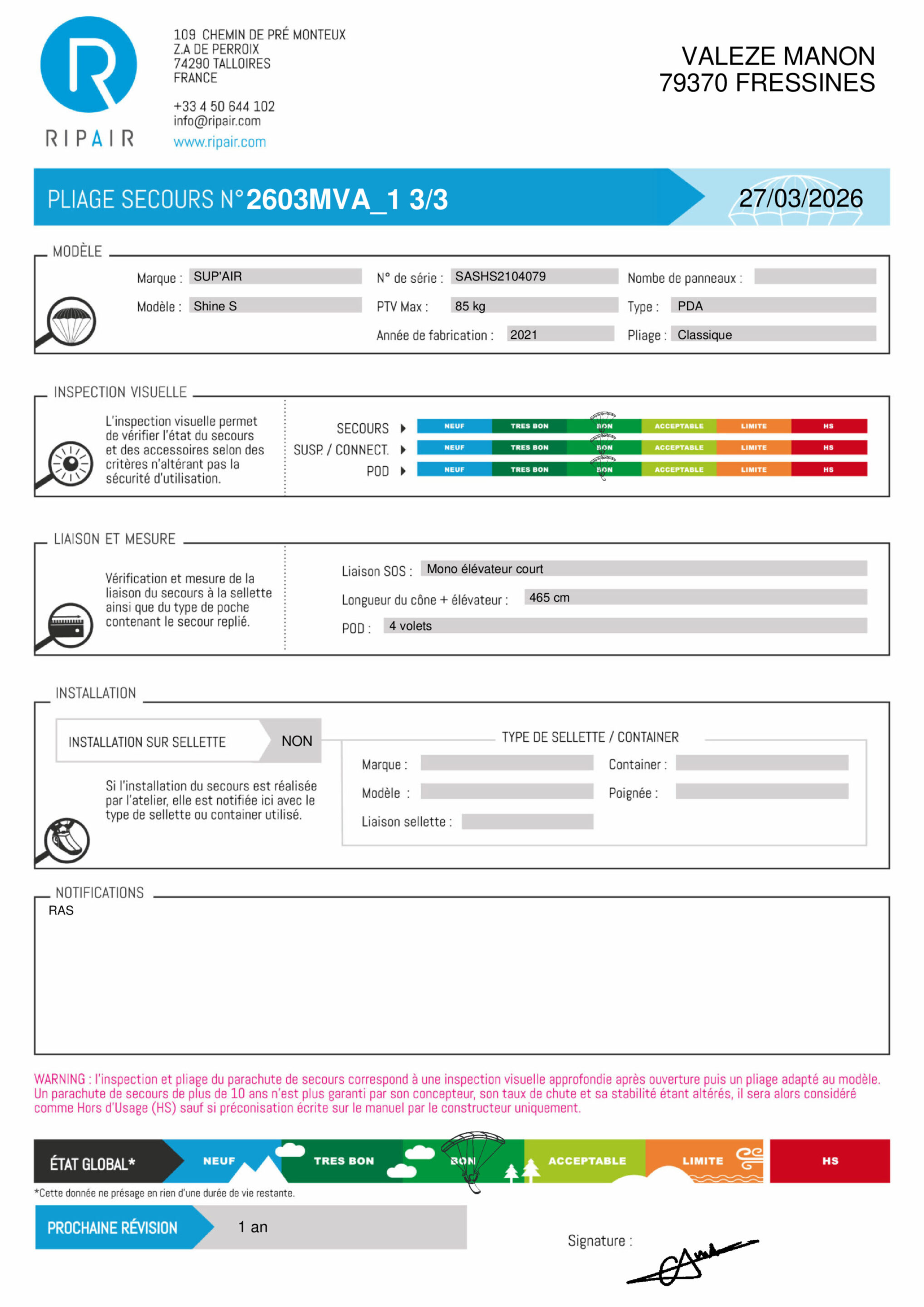 SHINE SUPAIR S - SECOURS PARAPENTE OCCASION – Image 2