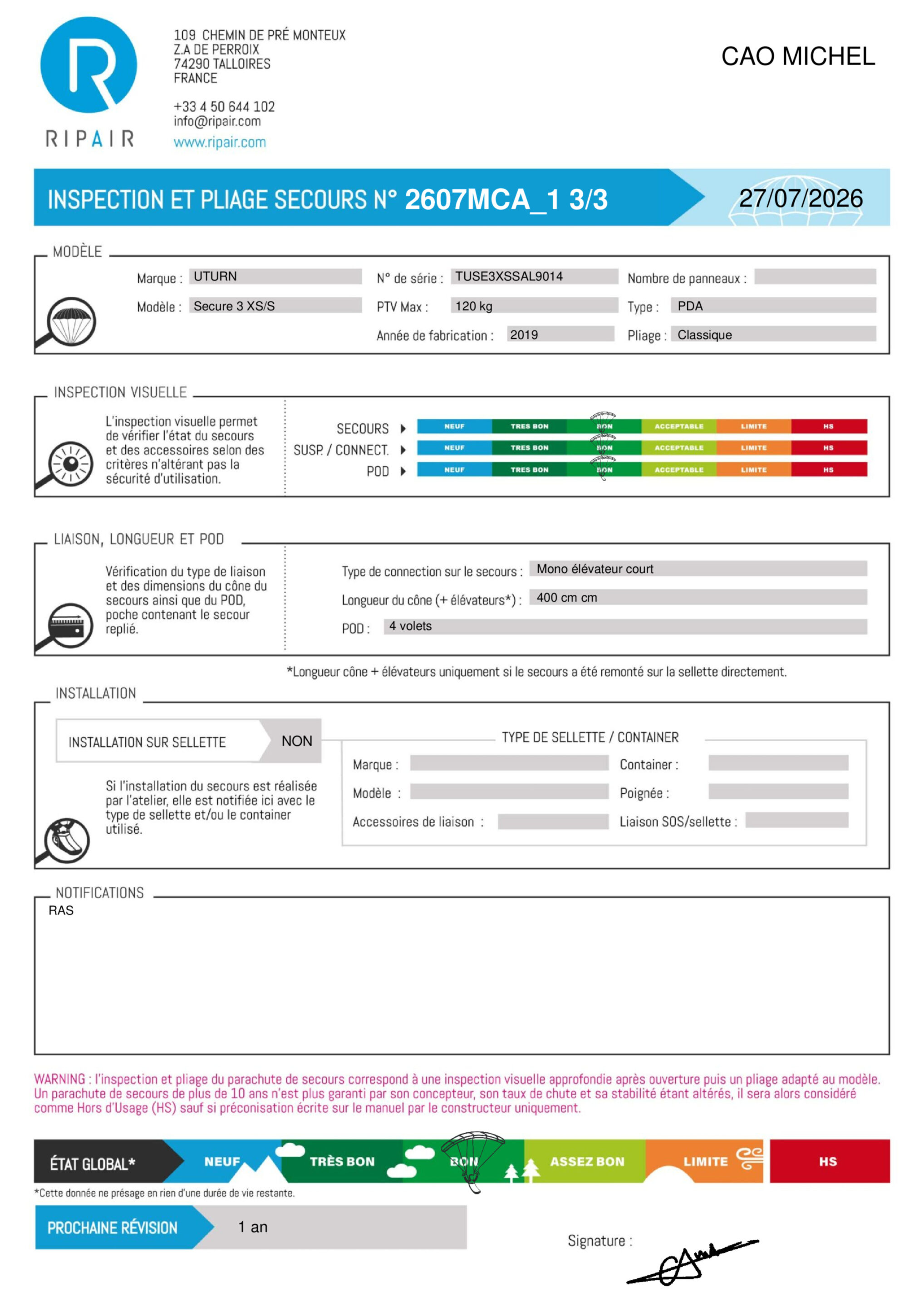 SECURE 3 UTURN XS S- SECOURS PARAPENTE OCCASION – Image 2